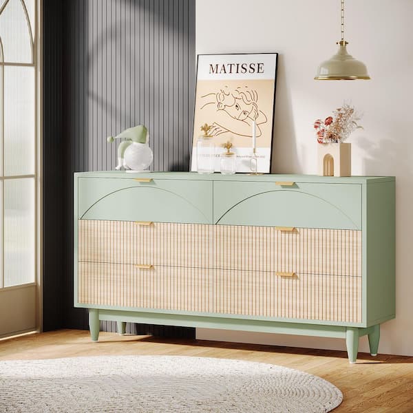 Sealey Mint Green 6-Drawer 55 in. Wide Dresser, Farmhouse Vintage Chest of Drawers with Gold Metal Handle