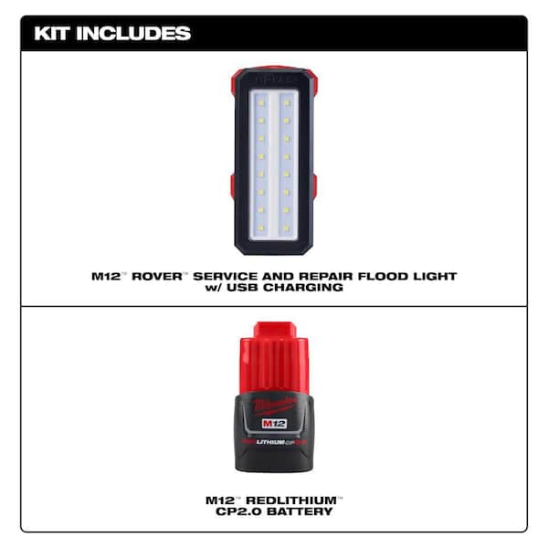 M12 ROVER 12-Volt Lithium-Ion Service and Repair 700 Lumens Flood Light with USB Charging with 2.0Ah Battery