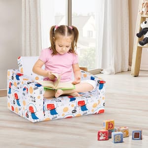 2-in-1 Convertible White Farbic Kids Sofa to Lounger Flip-Out Chair with Storage Pocket