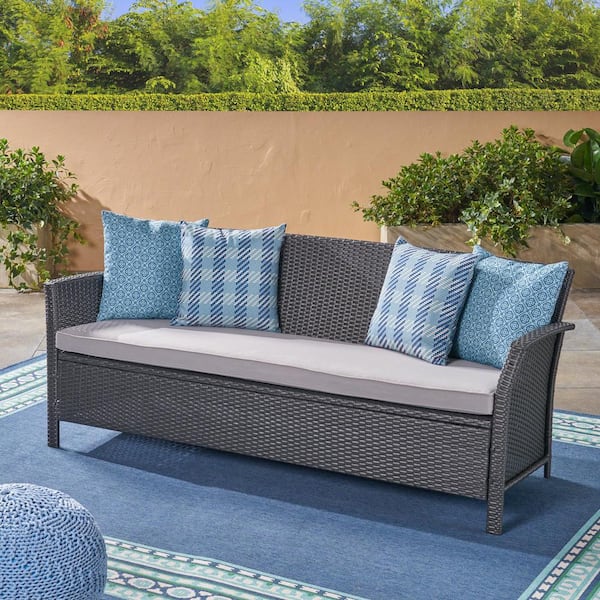 Noble House St. Lucia Gray Wicker Outdoor Sofa with Silver Cushions