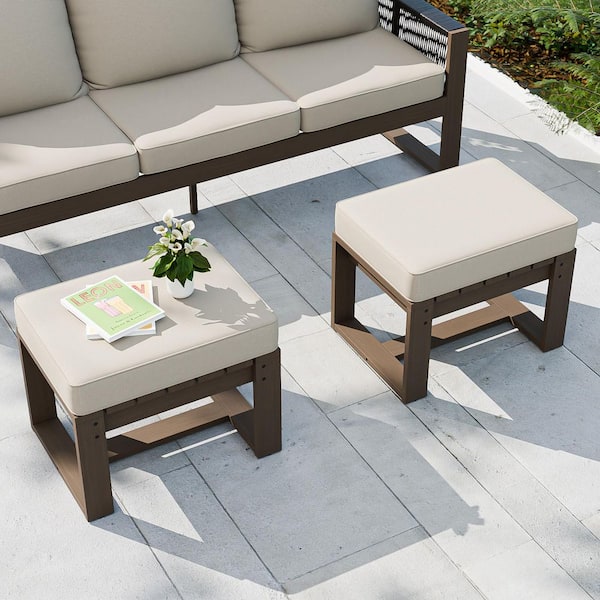 Nature Cedar Wood Outdoor Ottoman Patio Footstool with Beige Cushions (2-Pack)