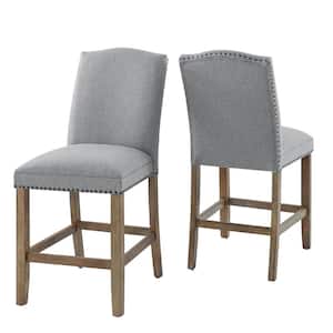 Grayson 24 in. Driftwood Camel Back Wood Frame Bar Stool with Gray Fabric Seat and Back - Set of 2