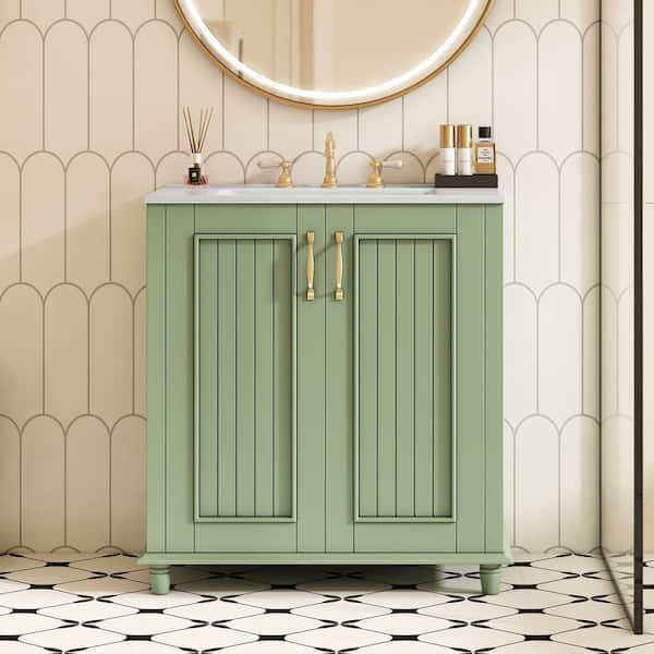 EPOWP 30 in. W x 18 in. D x 33 in. H Single Sink Freestanding Bath Vanity in Green with White Resin Top and Storage Cabinet