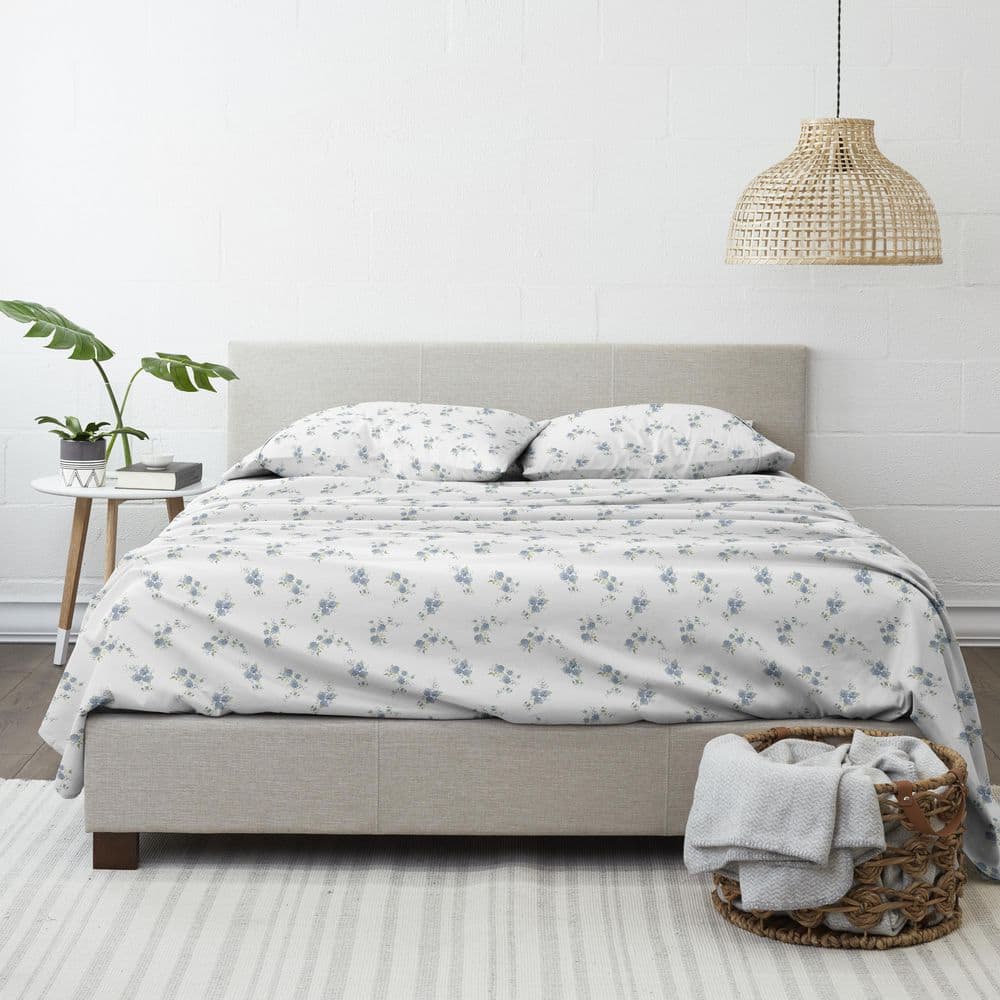 Light Blue Floral Cotton Flannel Twin Sheet Set with Deep Pockets