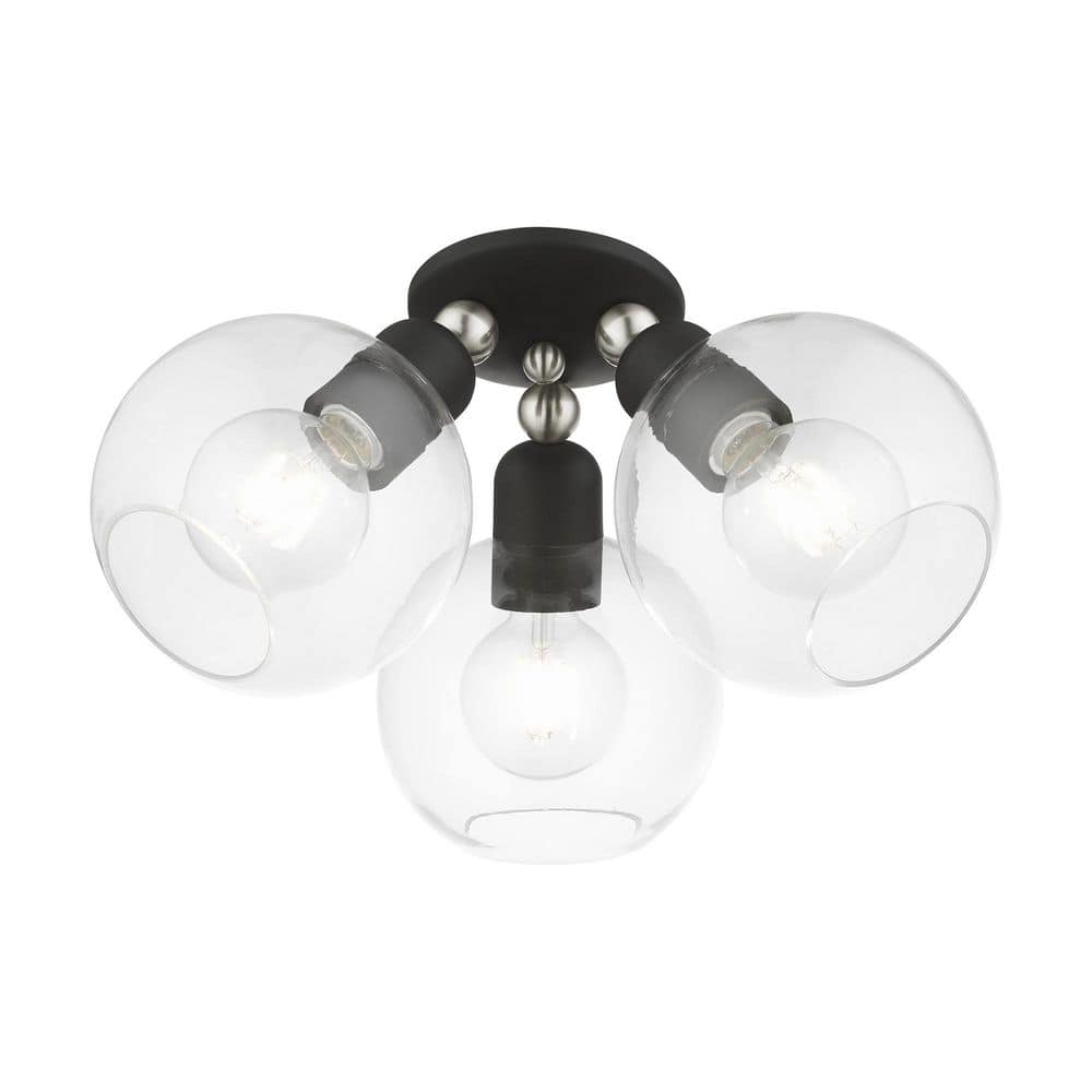 Downtown 3-Light Black and Brushed Nickel Globe Flush Mount