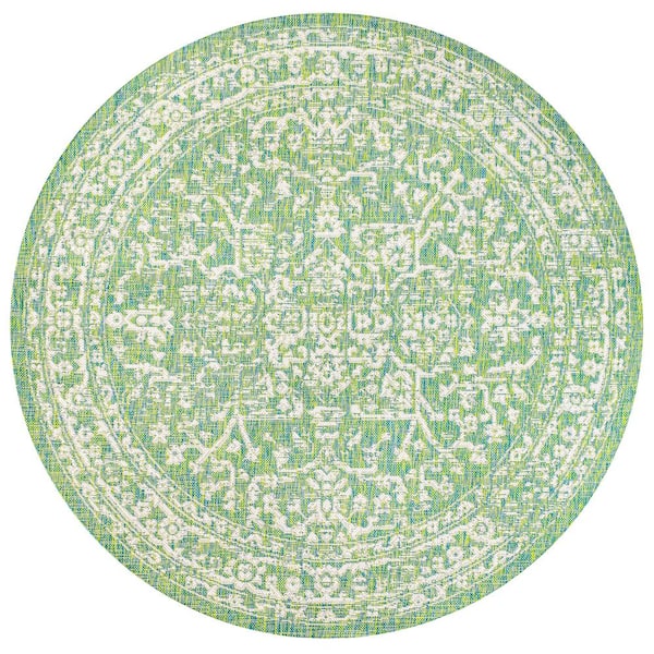 Malta Bohemian Textured Weave Cream/Green 5 ft. Round Medallion Indoor/Outdoor Area Rug