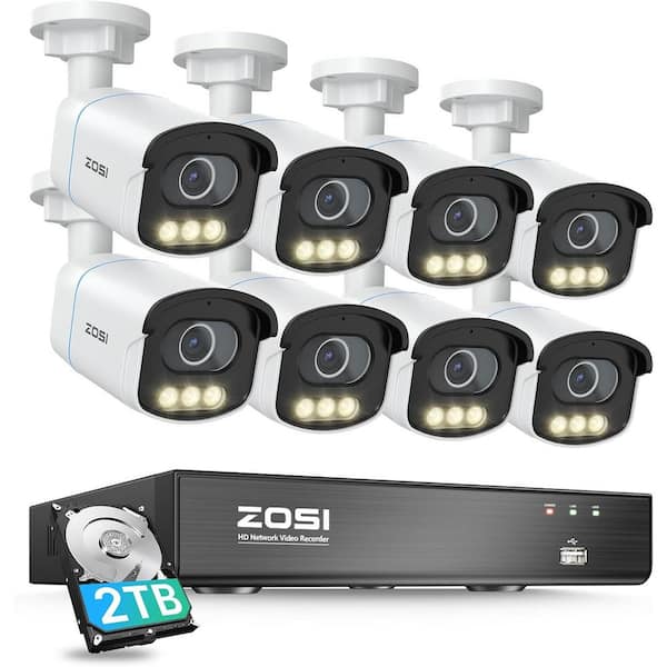 ZOSI 4K 8-Channel 2TB POE NVR Security Camera System with 8-Wired 5MP Outdoor Cameras, AI, Aurora Lux True Color Night Vision