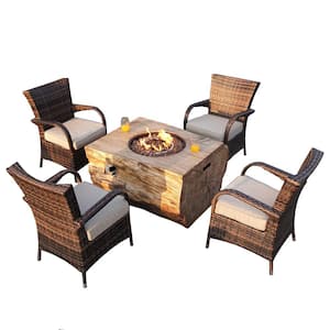 Strip II 5-Pieces Rock and Fiberglass Fire Pit Table with 4 Brown Wicker Conversation Set with Beige Cushions