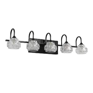 29.1 in. 5-Light Black Retro Wall Bathroom Vanity Light with Crystal Shade, G9 Bulbs No Include