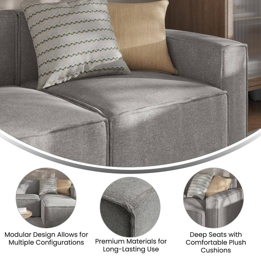 Gray Fabric Modular Right Armrest Side Chair with Solid Wood Frame