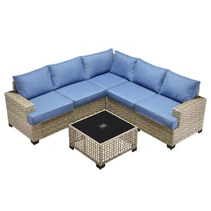 Kelleys 6-Piece Wicker Modern Outdoor Patio Conversation Sofa Sectional Set with Sky Blue Cushions