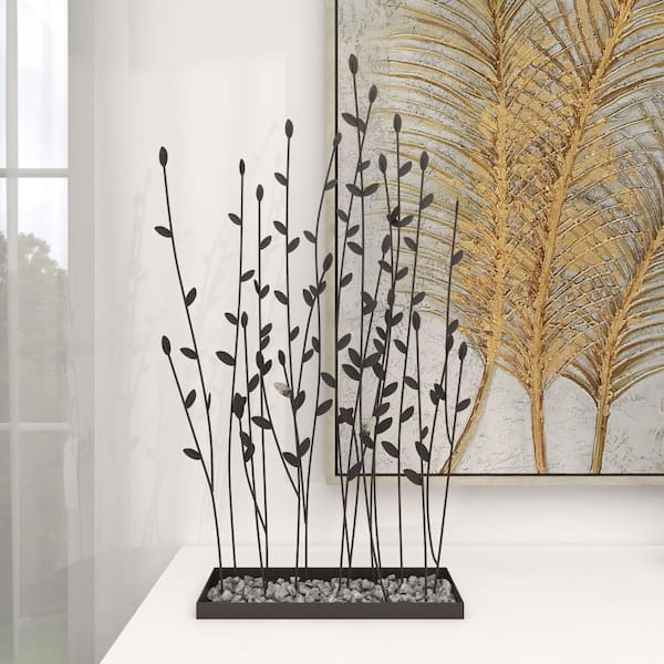 Litton Lane 5 in. x 31 in. Black Metal Floral Sculpture with Loose Stones