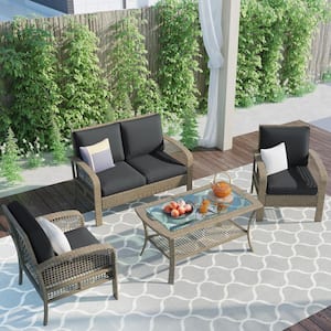 4-Piece Wicker Patio Conversation Set with Gray Cushions and Coffee Table