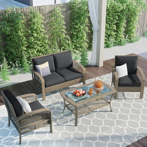 waelph 4-Piece Wicker Patio Conversation Set with Gray Cushions and Coffee Table