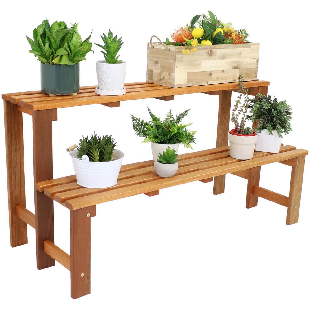 Brown Meranti Wood 2-Tier Outdoor Plant Stand with Teak Oil Finish