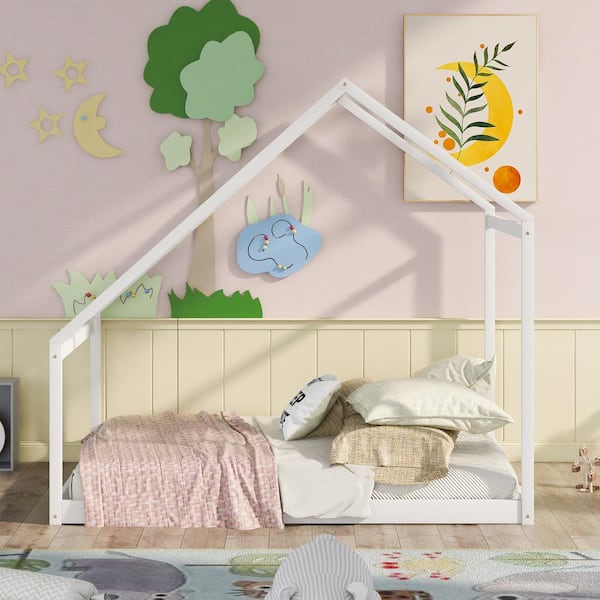 White Full Size House Shape Floor Bed, Full Wood Bed Frame with Roof for Toddlers Kids Boys Girls, Box Spring Needed