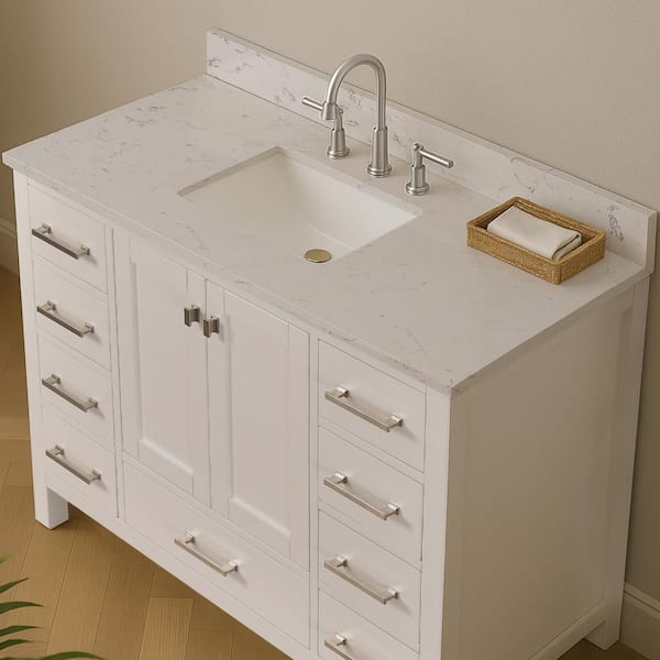 Bath Mist 54 in. W Single Sink Freestanding Bath Vanity in White with White Engineered Stone Top Assembled