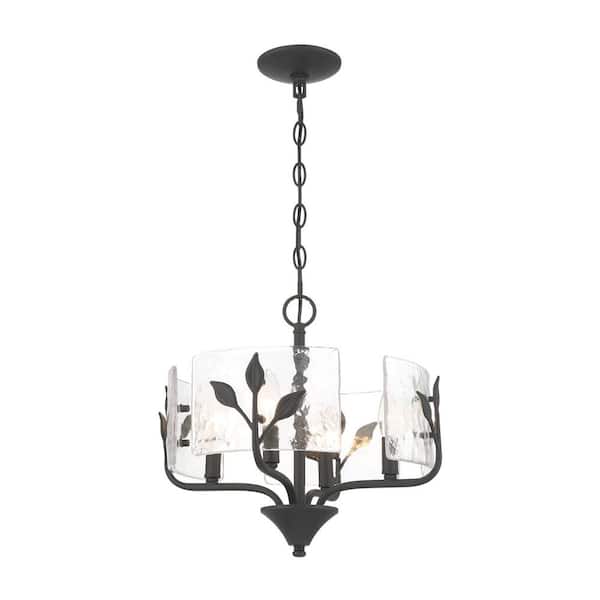 Bloem 60-Watt 4-Light Natural Black Drum Pendant Light with Hammered Water Glass and No Bulbs Included