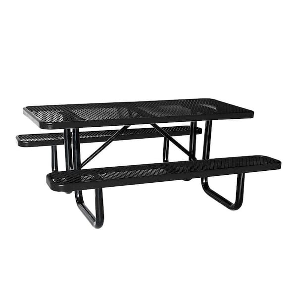 Sudzendf 72 in. Black Rectangle Steel Expanded Picnic Table With Umbrella Hole