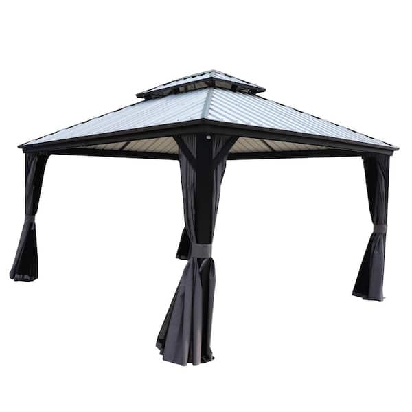 KOZYARD Caesar 12 ft. x 14 ft. Dark Gray Frame White Roof Permanent Hardtop Aluminum Gazebo with Netting and Sidewalls