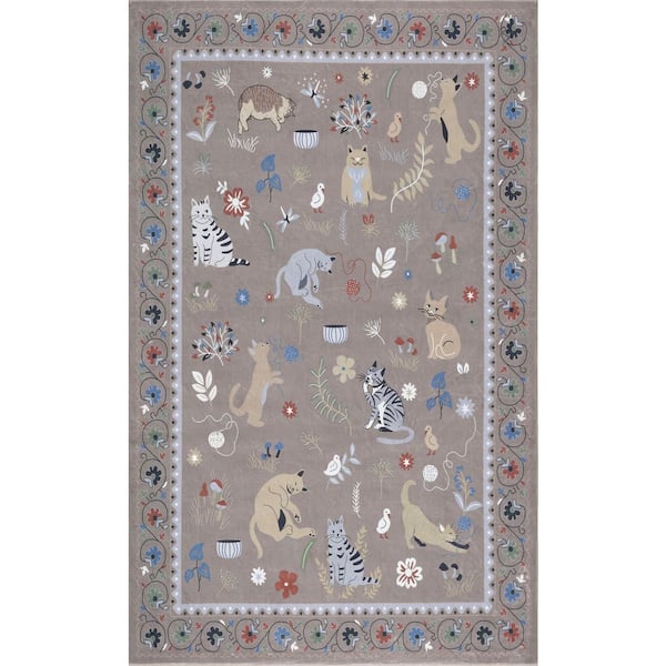 Catmosphere Festive Feline Floral Border Non-Slip Machine-Washable Taupe 5 ft. x 8 ft. Area Rug
