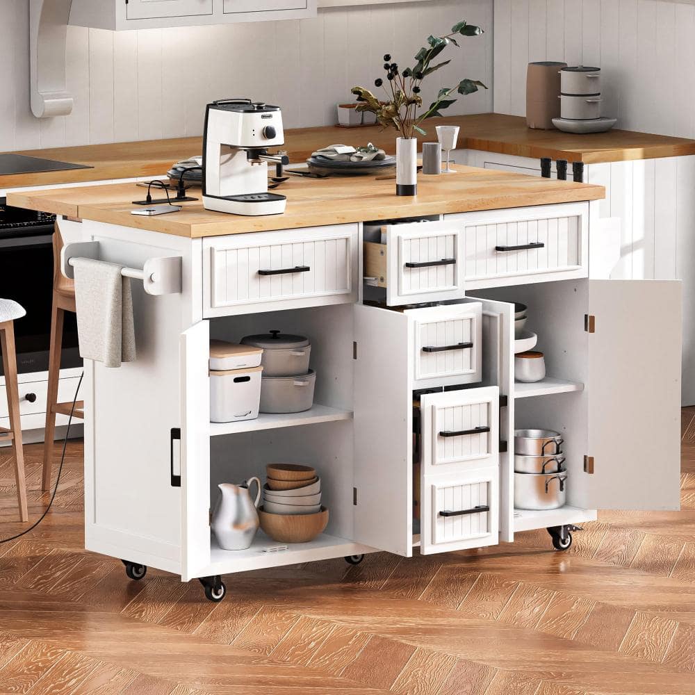 White Wood 56.5 in. Rolling Kitchen Island with Drop Leaf, Power Outlet, 5 Wheels, 5 Drawers