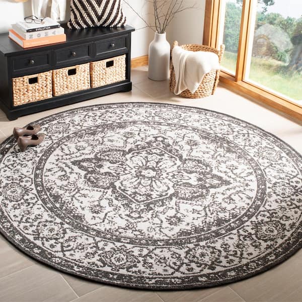 Linden Light Gray/Charcoal 4 ft. x 4 ft. Border Antique Medallion Indoor/Outdoor Round Area Rug