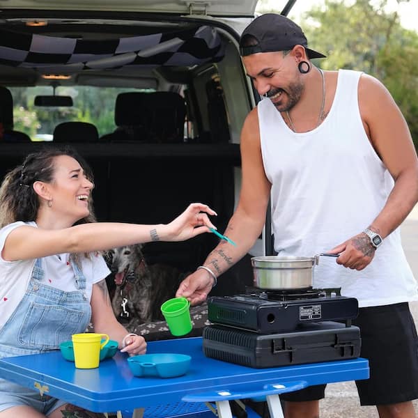 Dual Fuel Stove with Butane and Propane Portable Propane Grill in Black with Adapter Hose and Carrying Case Included