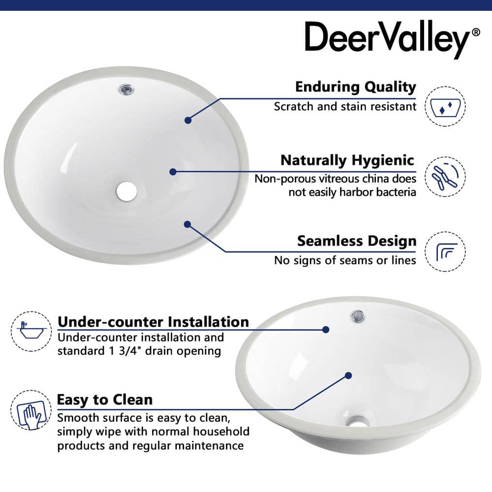 DeerValley Oval White Ceramic Undermount Bathroom Sink with Overflow