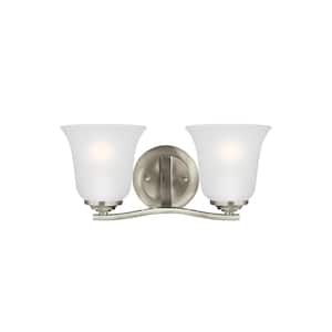 Emmons 14 in. 2-Light Brushed Nickel Traditional Transitional Wall Bathroom Vanity Light with Satin Etched Glass Shades