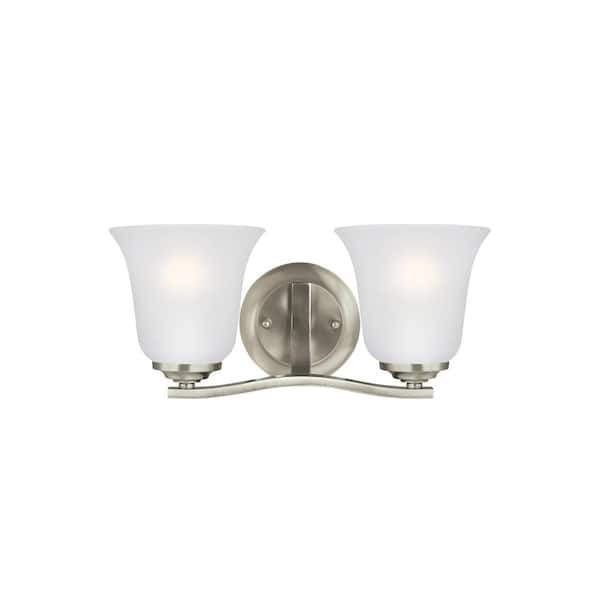 Generation Lighting Emmons 14 in. 2-Light Brushed Nickel Traditional Transitional Wall Bathroom Vanity Light with Satin Etched Glass Shades