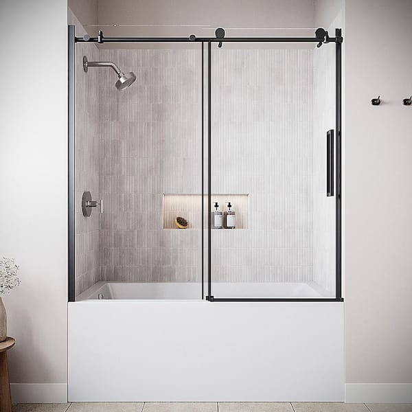 Loppio 60'' x 60'' Semi-Frameless Sliding Bathtub Door,CrystalTech Treated 5/16'' Glass, Matte Black Hardware