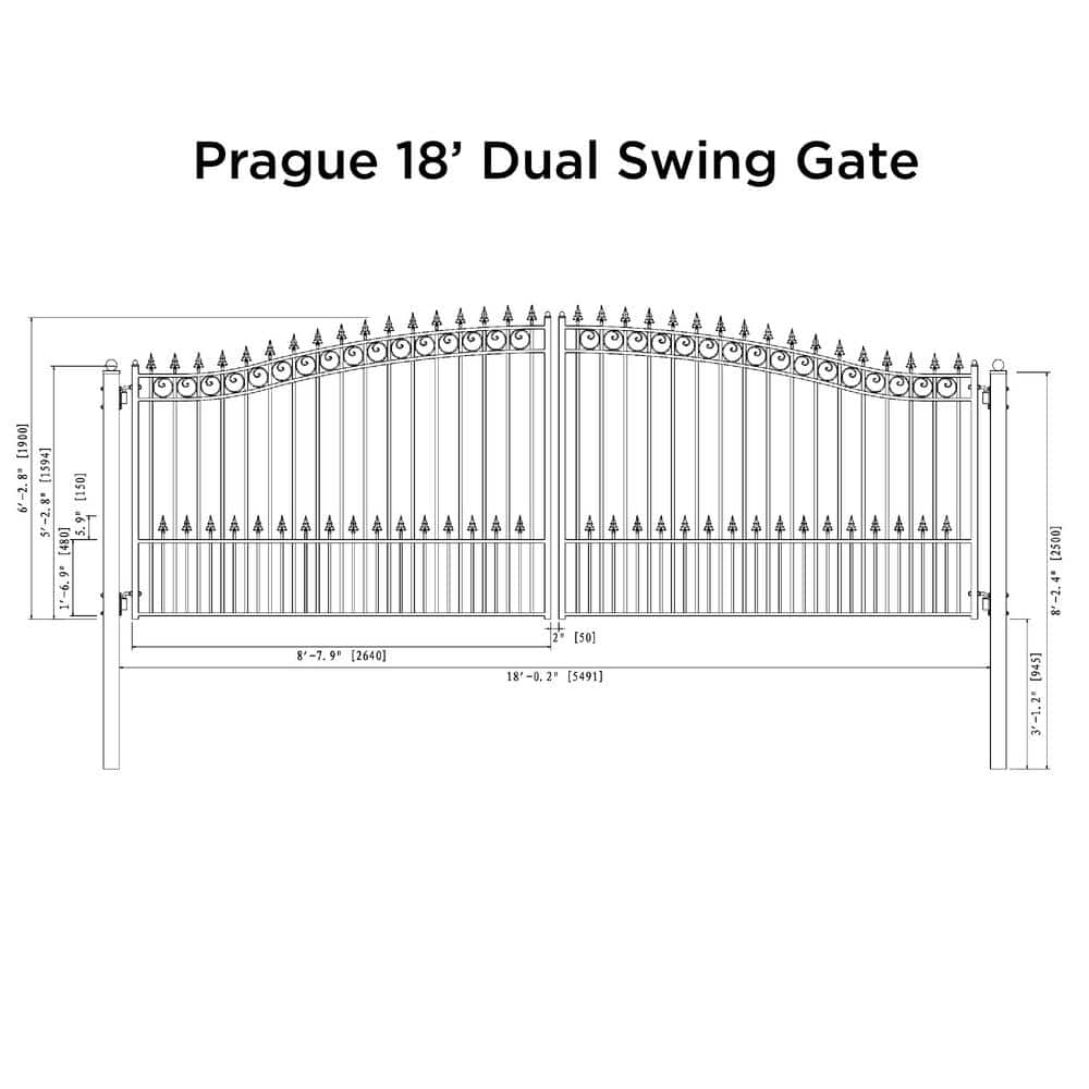 Prague Style Black Steel Dual Swing Driveway Gate 18 x 6 ft