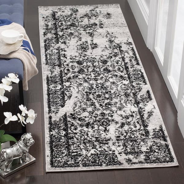 Adirondack Silver/Black 3 ft. x 18 ft. Border Floral Runner Rug