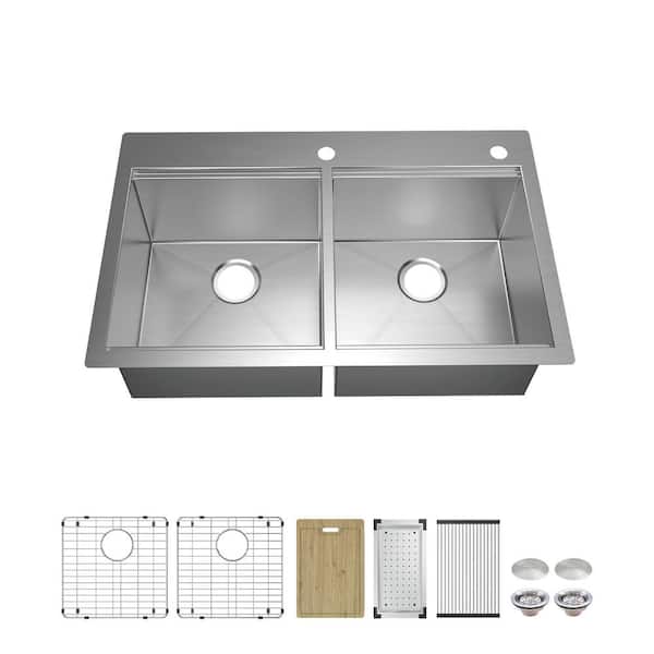 Glacier Bay Professional Zero Radius 36 in. Drop-In Double Bowl 16 Gauge Stainless Steel Workstation Kitchen Sink with Accessories
