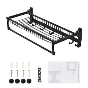 9-Holder Wall Mounted Foldable Towel Rack in Black with Adjustable Towel Bar and Movable Hooks