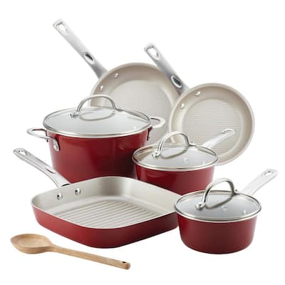 Ayesha Home Collection Porcelain Enamel Nonstick Cookware Set, 10-Piece, Sienna Red