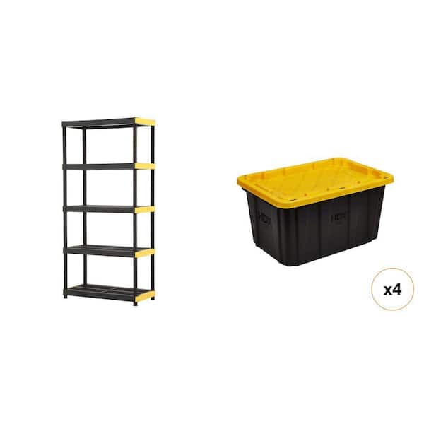 36 in. W 5-Shelf Black Plastic Shelving Unit, 27 Gal. Black/Yellow Storage Tote (4-Count) Combo