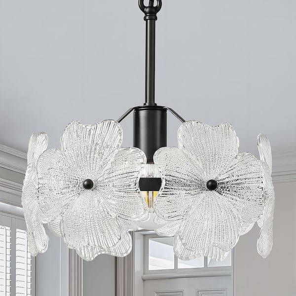 40W 1-Light Black Adjustable Hanging Farmhouse Pendant Light with 6 Four-Leaf Clover Glass Shade For Kitchen Island