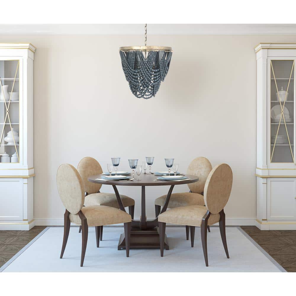 Blue Wood Bead 2-Tier Chandelier with Gold Frame