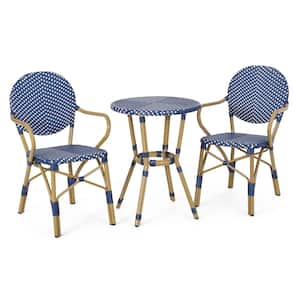 Dark Teal/White 3-Piece Aluminum Outdoor French Bistro Set, Bamboo Finish Round Dining Table and Armchar Set of 2