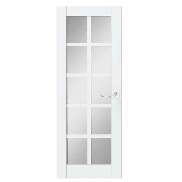 TENONER 30 in. x 80 in. Composite, MDF, 10 Lite, Mirrored Glass, Primed, White Interior Door Slab with Silver Curved Doorknob