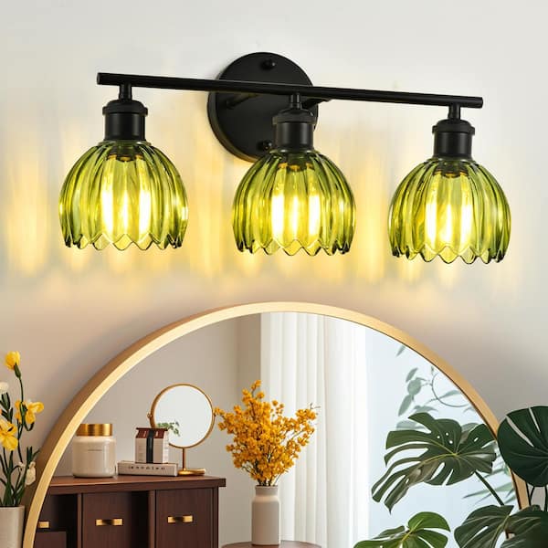 19.29 in. 3-Light Modern Black Bathroom Vanity Light with Green Tulip Glass Shade