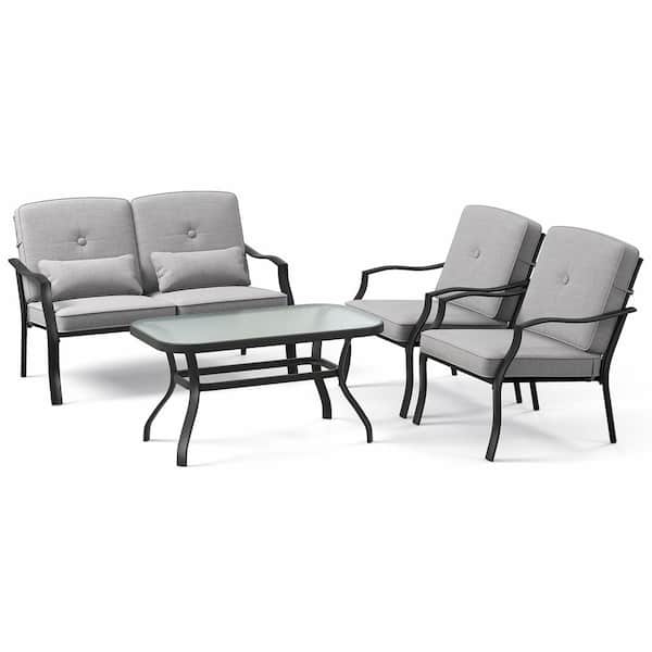 ANGELES HOME 4-Piece Metal Patio Conversation Set with Seat Back Cushions and Waist Pillows