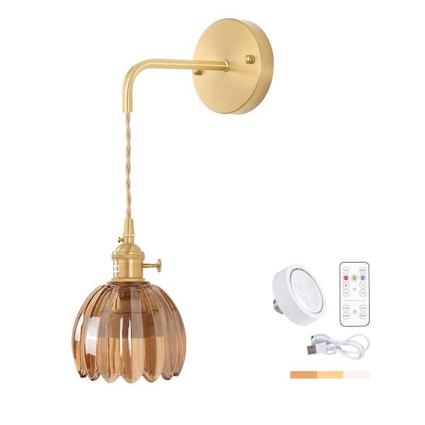 Ahfiwaso Retro 4.72 in. 1-Light Gold Battery Operated Vintage Smart Home Wall Sconce with Tulip Amber Glass Shade with Remote