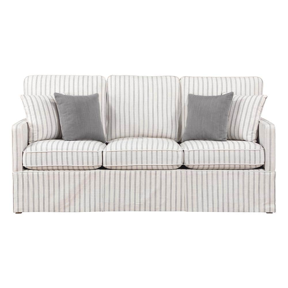 White and Gray Striped Fabric Lawson Sofa with Wood Frame