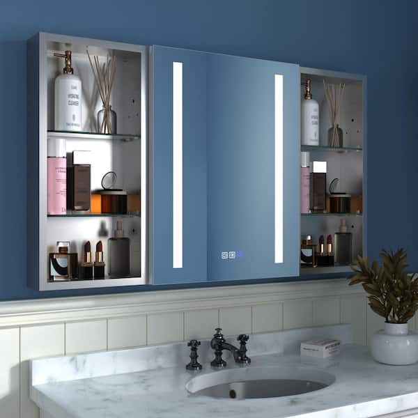 ExBrite 44 in. W x 26 in. H Rectangular Silver Aluminum Recessed/Surface Mount Right Medicine Cabinet with Mirror and LED