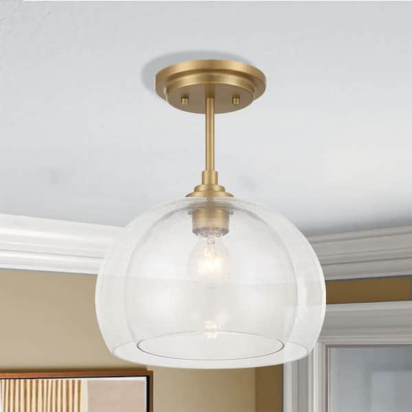 Glint 12 in. 1-Light Legacy Brass Pendant to Semi-Flush with Double Clear Seeded Glass Shades No Bulbs Included