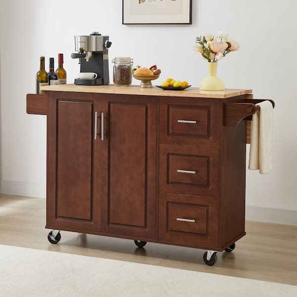 Kitchen Island Brown Wood 53 in. W Large Kitchen Island with Drop Leaf Countertop on Wheels in Brown