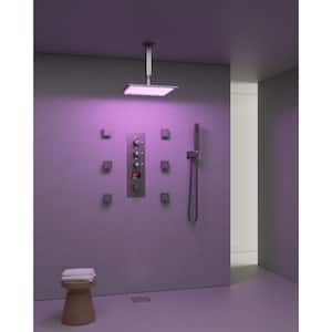 Thermostatic 7-Spray Ceiling Mount 12 in. Square Shower Head with 3-color LED and Valve in Brushed Nickel